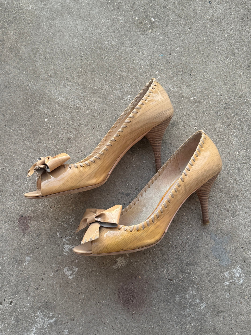 Miu Miu Patent Textured Leather Bow Peep Toe Pumps