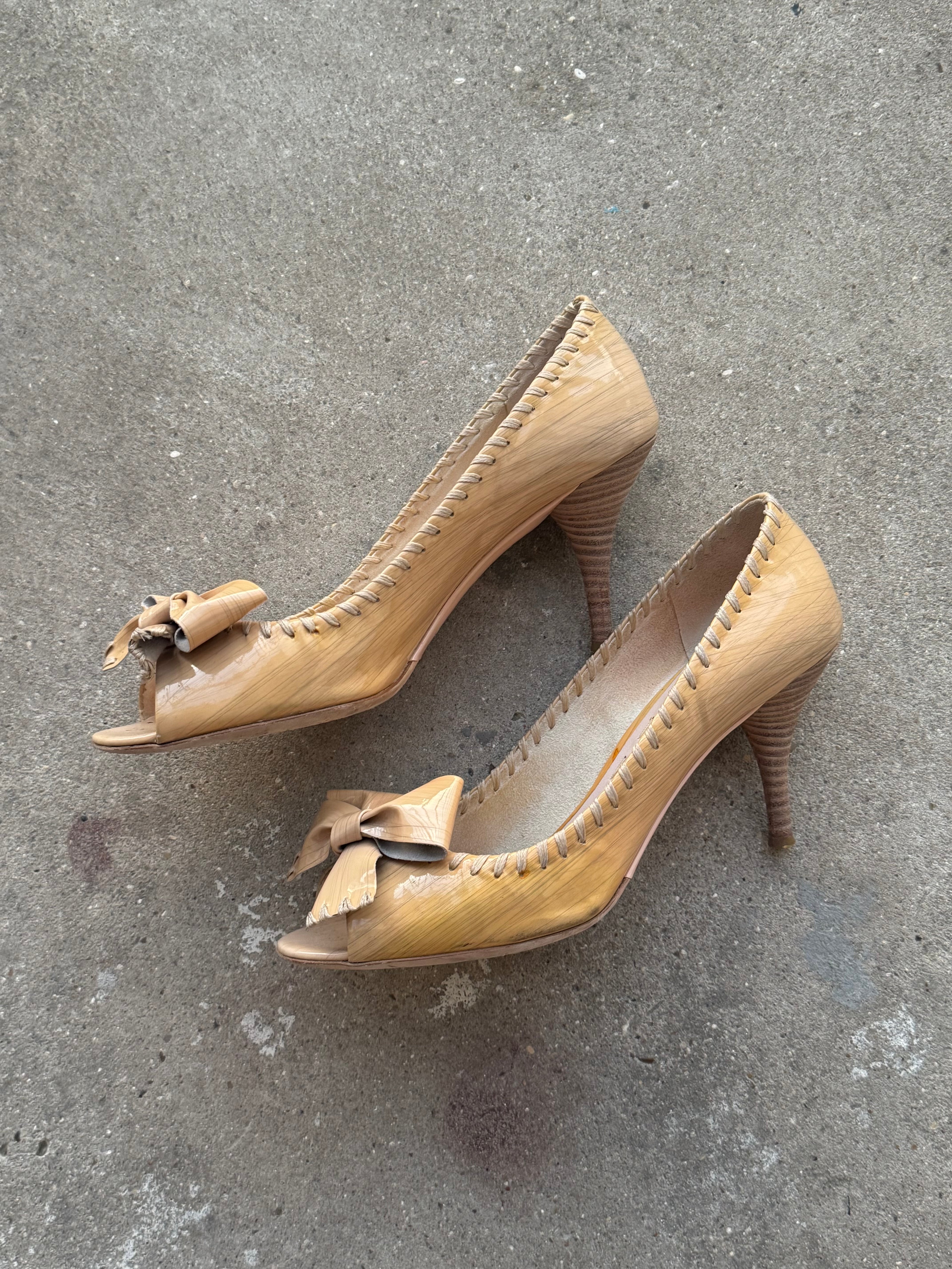 Miu Miu Patent Textured Leather Bow Peep Toe Pumps
